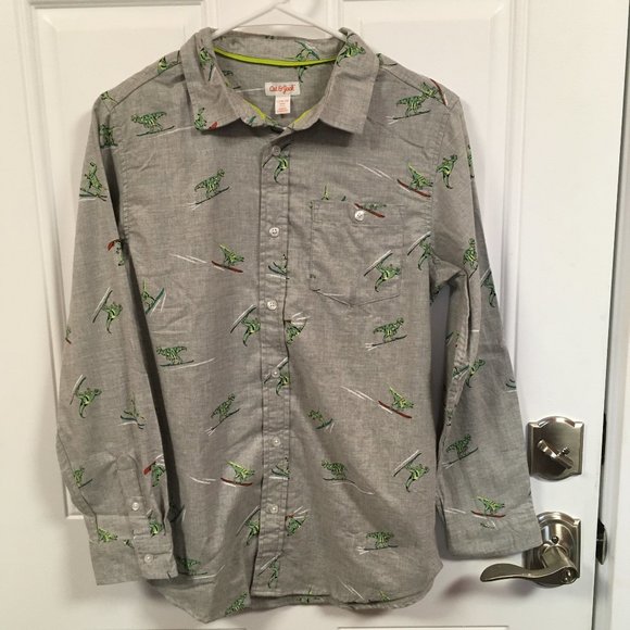 Boy’s Cat & Jack Gray Skiing Dinosaur Long Sleeve Button Down Shirt XLH (16) - Picture 1 of 8
